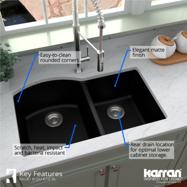 Karran 32" Undermount Quartz Composite Kitchen Sink, 60/40 Double Bowl, Black, QU-610-BL-PK1
