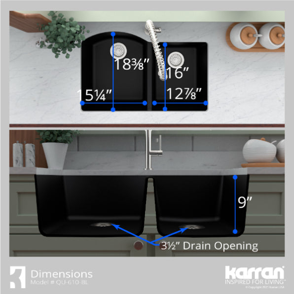 Karran 32" Undermount Quartz Composite Kitchen Sink, 60/40 Double Bowl, Black, QU-610-BL-PK1