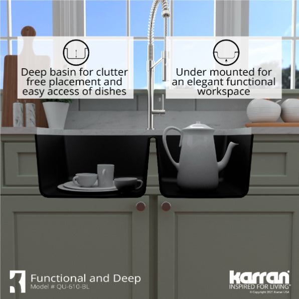 Karran 32" Undermount Quartz Composite Kitchen Sink, 60/40 Double Bowl, Black, QU-610-BL-PK1