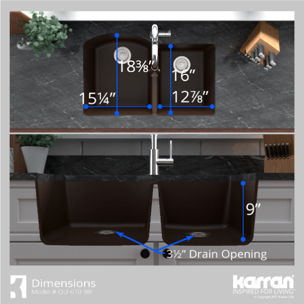 Karran 32" Undermount Quartz Composite Kitchen Sink, 60/40 Double Bowl, Brown, QU-610-BR-PK1