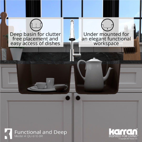 Karran 32" Undermount Quartz Composite Kitchen Sink, 60/40 Double Bowl, Brown, QU-610-BR-PK1