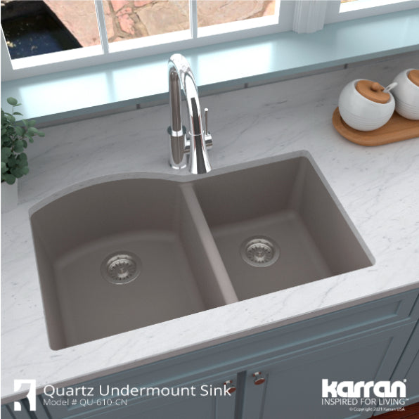 Karran 32" Undermount Quartz Composite Kitchen Sink, 60/40 Double Bowl, Concrete, QU-610-CN-PK1