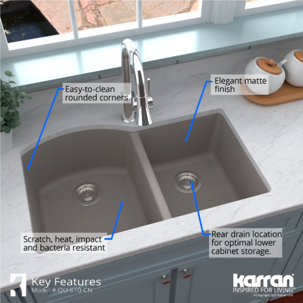 Karran 32" Undermount Quartz Composite Kitchen Sink, 60/40 Double Bowl, Concrete, QU-610-CN-PK1