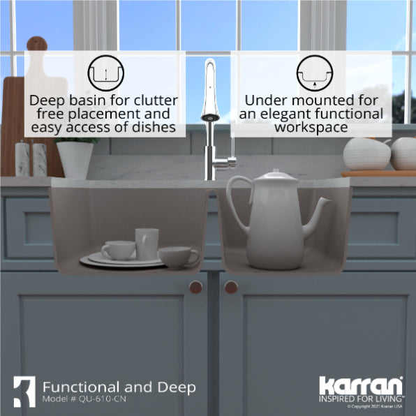 Karran 32" Undermount Quartz Composite Kitchen Sink, 60/40 Double Bowl, Concrete, QU-610-CN-PK1