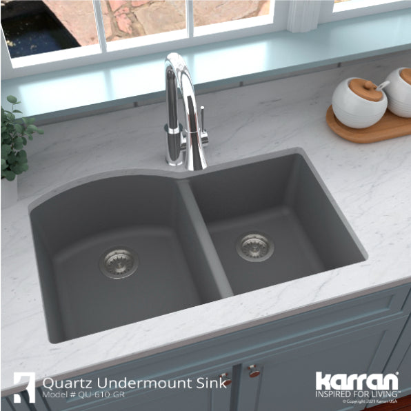 Karran 32" Undermount Quartz Composite Kitchen Sink, 60/40 Double Bowl, Grey, QU-610-GR