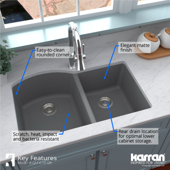 Karran 32" Undermount Quartz Composite Kitchen Sink, 60/40 Double Bowl, Grey, QU-610-GR