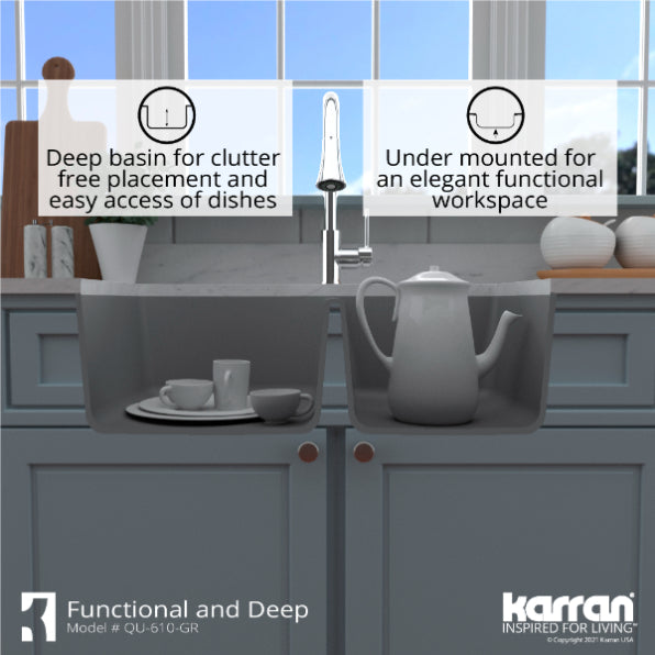 Karran 32" Undermount Quartz Composite Kitchen Sink, 60/40 Double Bowl, Grey, QU-610-GR