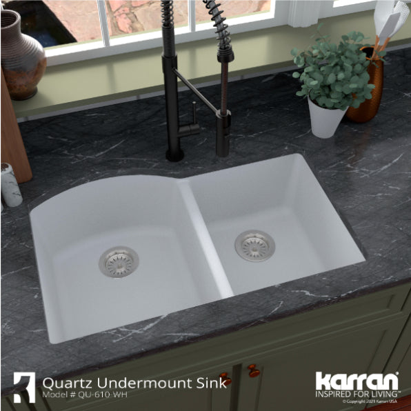 Karran 32" Undermount Quartz Composite Kitchen Sink, 60/40 Double Bowl, White, QU-610-WH