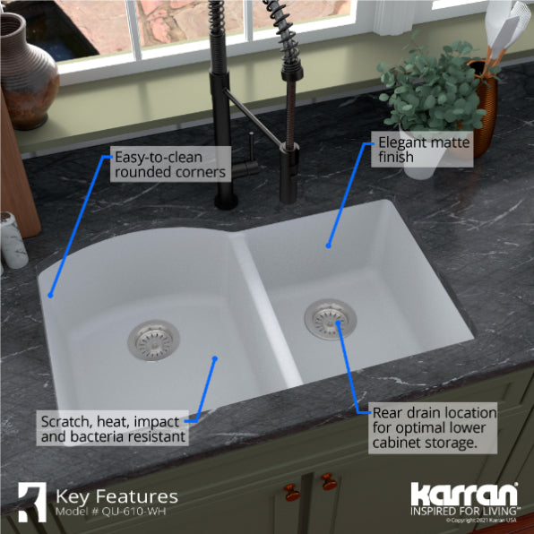 Karran 32" Undermount Quartz Composite Kitchen Sink, 60/40 Double Bowl, White, QU-610-WH