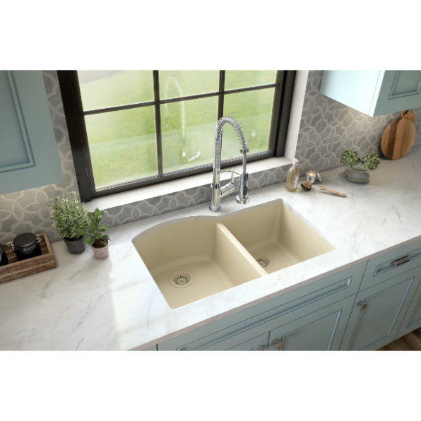 Karran 32" Undermount Quartz Composite Kitchen Sink, 60/40 Double Bowl, Bisque, QU-610-BI