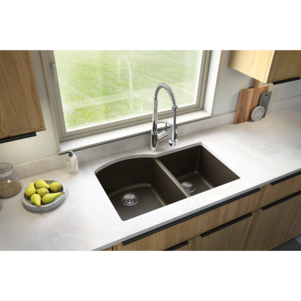 Karran 32" Undermount Quartz Composite Kitchen Sink, 60/40 Double Bowl, Brown, QU-610-BR-PK1