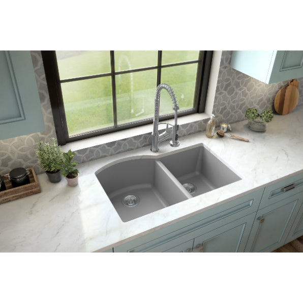 Karran 32" Undermount Quartz Composite Kitchen Sink, 60/40 Double Bowl, Grey, QU-610-GR
