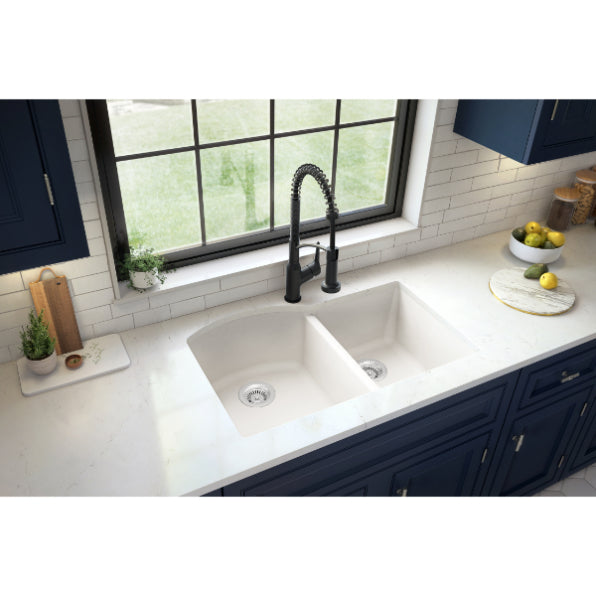 Karran 32" Undermount Quartz Composite Kitchen Sink, 60/40 Double Bowl, White, QU-610-WH