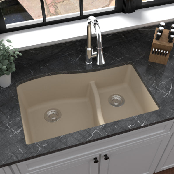 Karran 32" Undermount Quartz Composite Kitchen Sink, 60/40 Double Bowl, Bisque, QU-630-BI