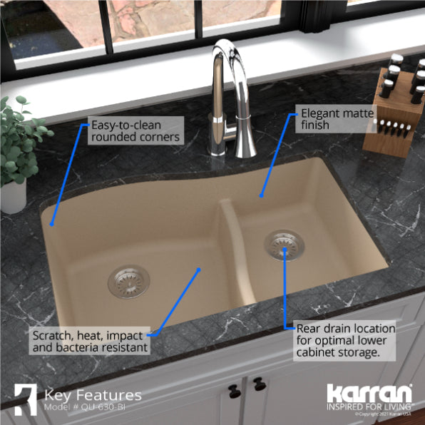 Karran 32" Undermount Quartz Composite Kitchen Sink, 60/40 Double Bowl, Bisque, QU-630-BI