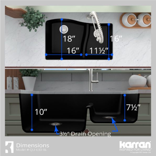 Karran 32" Undermount Quartz Composite Kitchen Sink, 60/40 Double Bowl, Black, QU-630-BL