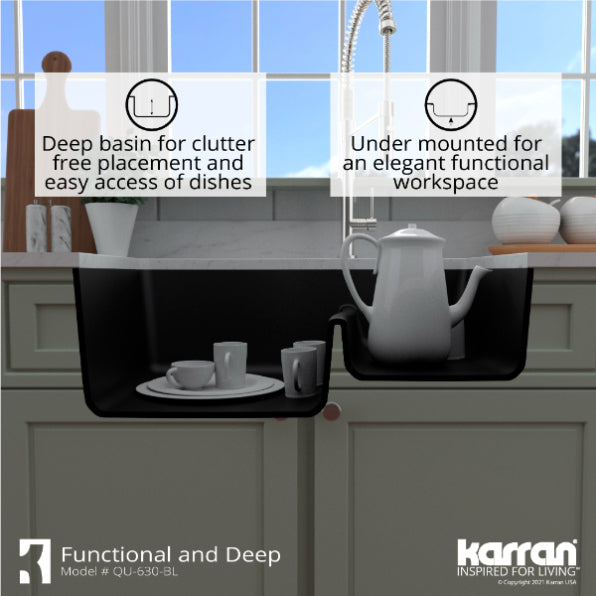 Karran 32" Undermount Quartz Composite Kitchen Sink, 60/40 Double Bowl, Black, QU-630-BL