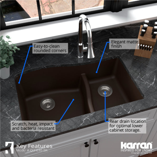 Karran 32" Undermount Quartz Composite Kitchen Sink, 60/40 Double Bowl, Brown, QU-630-BR