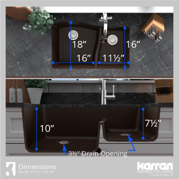 Karran 32" Undermount Quartz Composite Kitchen Sink, 60/40 Double Bowl, Brown, QU-630-BR