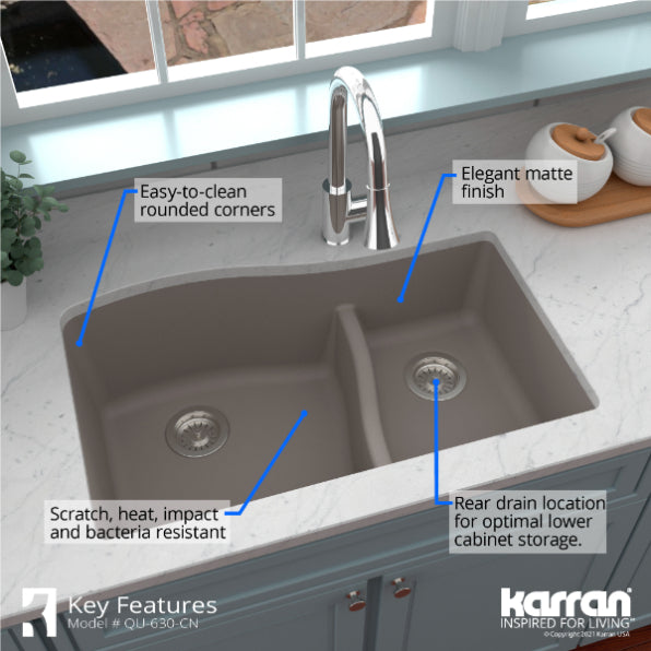 Karran 32" Undermount Quartz Composite Kitchen Sink, 60/40 Double Bowl, Concrete, QU-630-CN