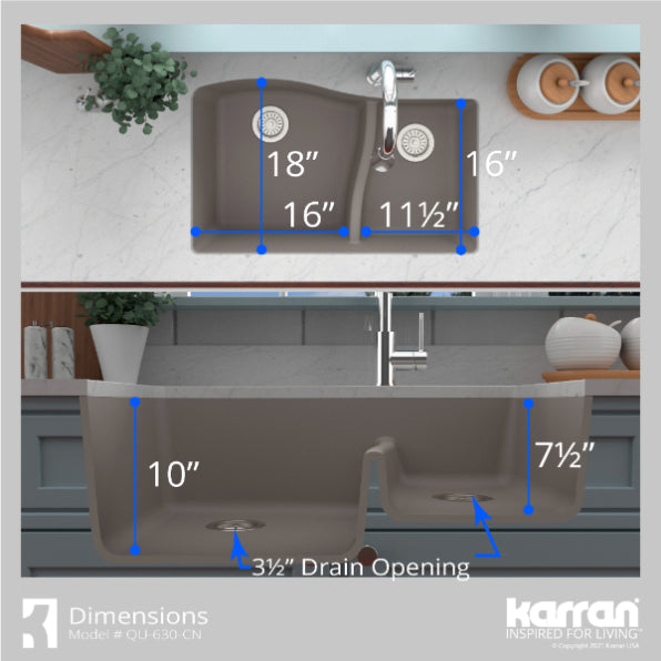 Karran 32" Undermount Quartz Composite Kitchen Sink, 60/40 Double Bowl, Concrete, QU-630-CN