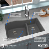Karran 32" Undermount Quartz Composite Kitchen Sink, 60/40 Double Bowl, Grey, QU-630-GR