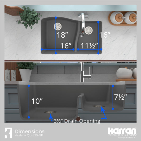 Karran 32" Undermount Quartz Composite Kitchen Sink, 60/40 Double Bowl, Grey, QU-630-GR