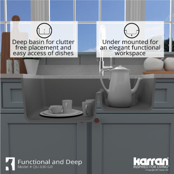 Karran 32" Undermount Quartz Composite Kitchen Sink, 60/40 Double Bowl, Grey, QU-630-GR