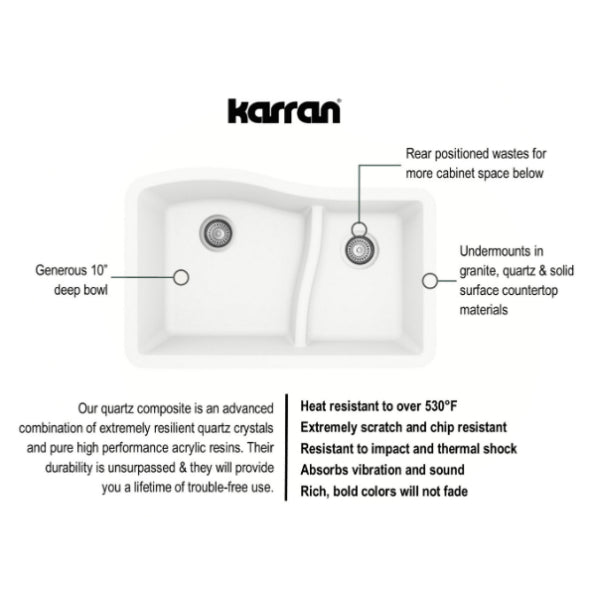 Karran 32" Undermount Quartz Composite Kitchen Sink, 60/40 Double Bowl, White, QU-630-WH