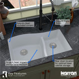 Karran 32" Undermount Quartz Composite Kitchen Sink, 60/40 Double Bowl, White, QU-630-WH
