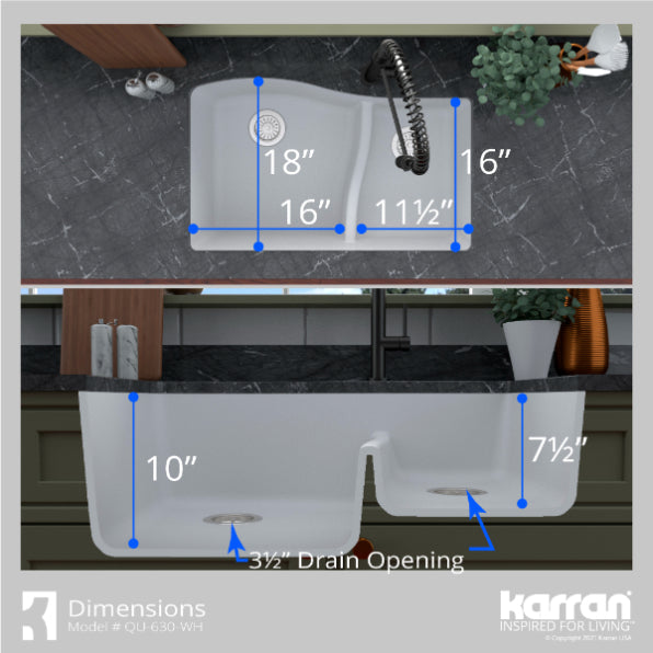 Karran 32" Undermount Quartz Composite Kitchen Sink, 60/40 Double Bowl, White, QU-630-WH