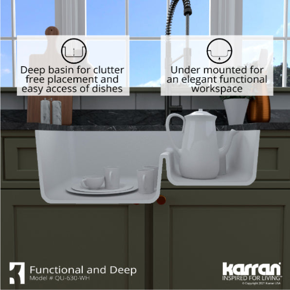 Karran 32" Undermount Quartz Composite Kitchen Sink, 60/40 Double Bowl, White, QU-630-WH