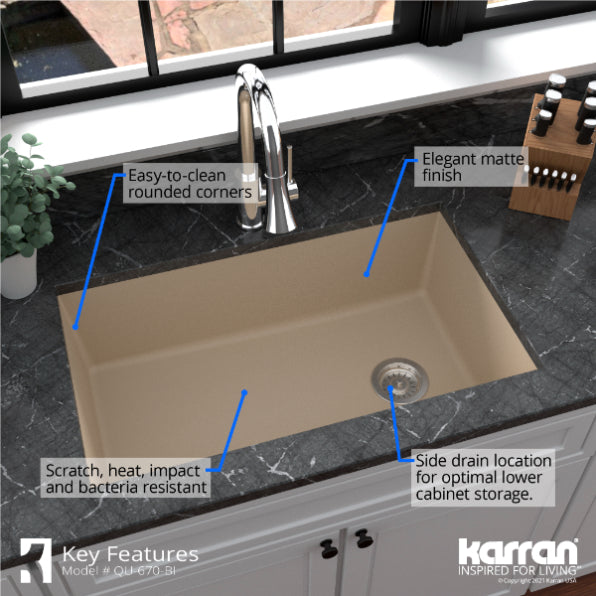 Karran 32" Undermount Quartz Composite Kitchen Sink, Bisque, QU-670-BI