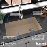 Karran 32" Undermount Quartz Composite Kitchen Sink, Bisque, QU-670-BI