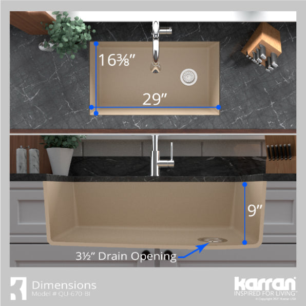 Karran 32" Undermount Quartz Composite Kitchen Sink, Bisque, QU-670-BI