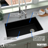 Karran 32" Undermount Quartz Composite Kitchen Sink, Black, QU-670-BL-PK1