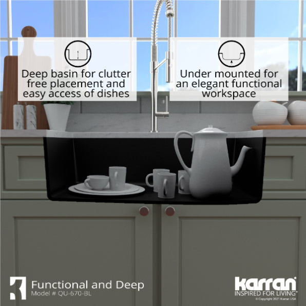 Karran 32" Undermount Quartz Composite Kitchen Sink, Black, QU-670-BL-PK1