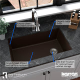 Karran 32" Undermount Quartz Composite Kitchen Sink, Brown, QU-670-BR-PK1