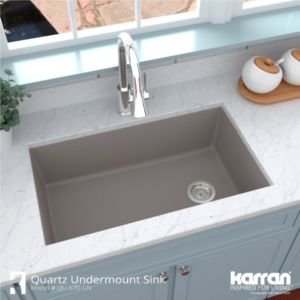 Karran 32" Undermount Quartz Composite Kitchen Sink, Concrete, QU-670-CN-PK1