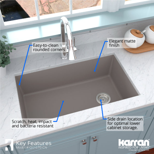 Karran 32" Undermount Quartz Composite Kitchen Sink, Concrete, QU-670-CN-PK1