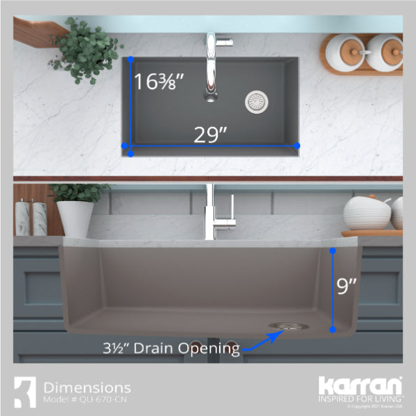 Karran 32" Undermount Quartz Composite Kitchen Sink, Concrete, QU-670-CN-PK1