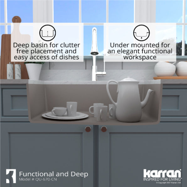 Karran 32" Undermount Quartz Composite Kitchen Sink, Concrete, QU-670-CN-PK1