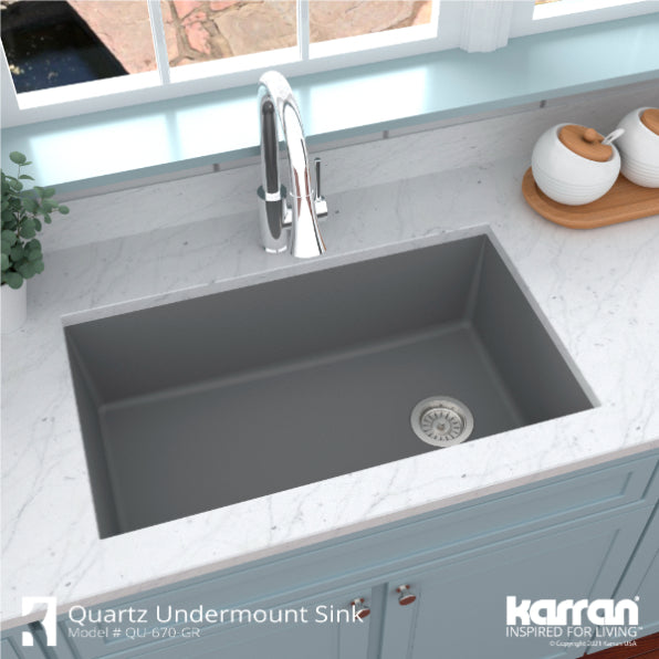 Karran 32" Undermount Quartz Composite Kitchen Sink, Grey, QU-670-GR-PK1