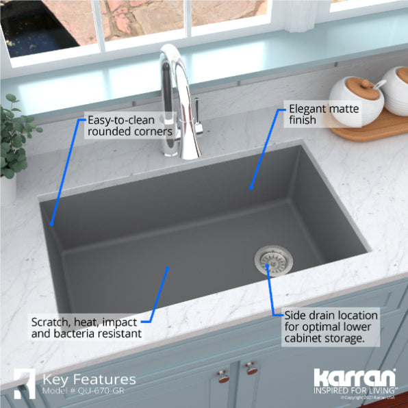 Karran 32" Undermount Quartz Composite Kitchen Sink, Grey, QU-670-GR-PK1
