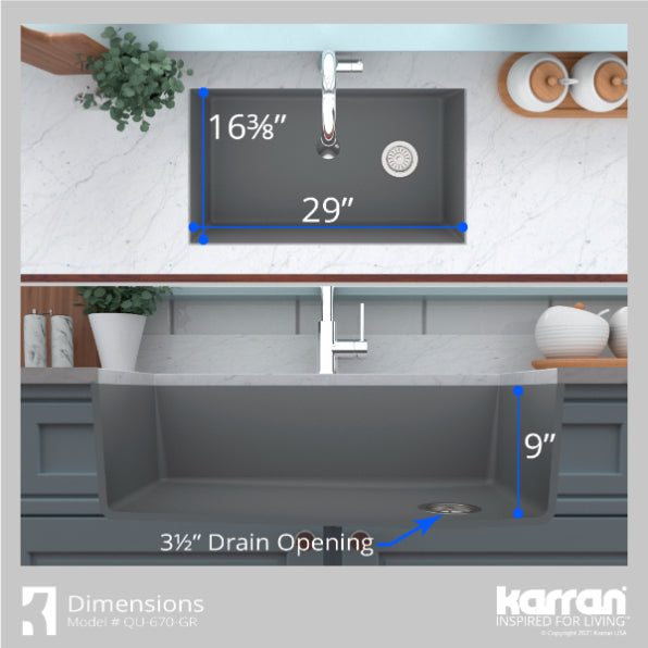 Karran 32" Undermount Quartz Composite Kitchen Sink, Grey, QU-670-GR-PK1