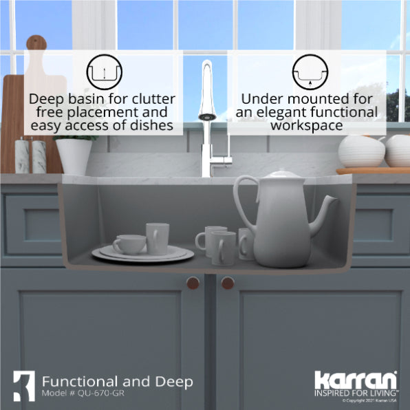 Karran 32" Undermount Quartz Composite Kitchen Sink, Grey, QU-670-GR-PK1
