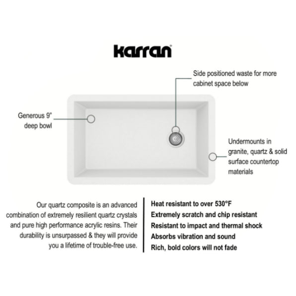 Karran 32" Undermount Quartz Composite Kitchen Sink, White, QU-670-WH-PK1