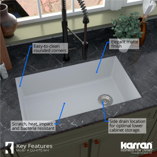 Karran 32" Undermount Quartz Composite Kitchen Sink, White, QU-670-WH-PK1