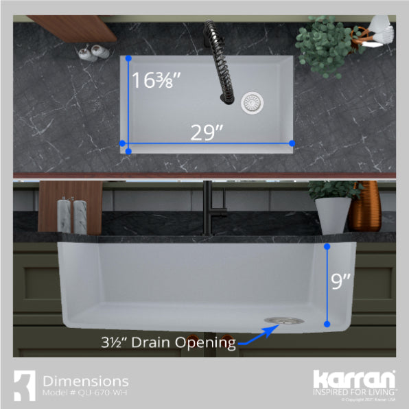 Karran 32" Undermount Quartz Composite Kitchen Sink, White, QU-670-WH-PK1