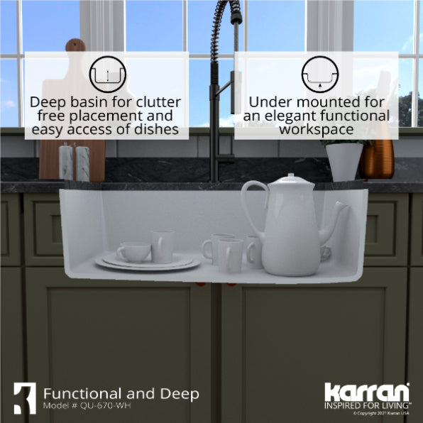 Karran 32" Undermount Quartz Composite Kitchen Sink, White, QU-670-WH-PK1
